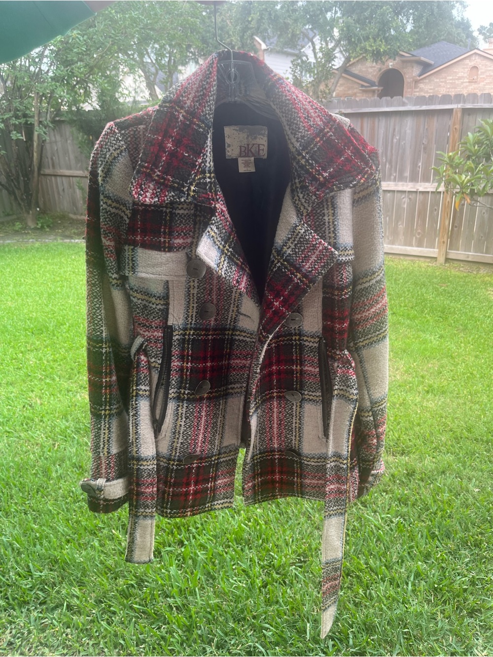 BKE Plaid Wool Blend Belted Peacoat in Red, Black, Cream